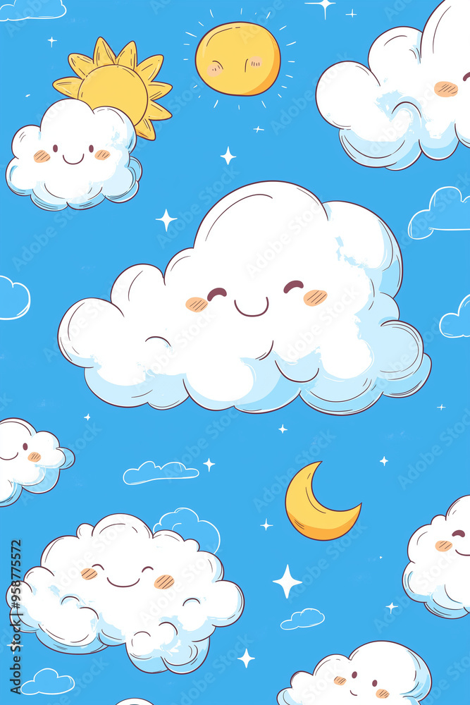 The seamless photo of cute cartoon in the heart shape and clouds sky with the moon for wallpaper background 