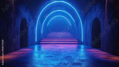 abstract backgroun with re blue laser rays bright projector shining on the dark empty stage neon light