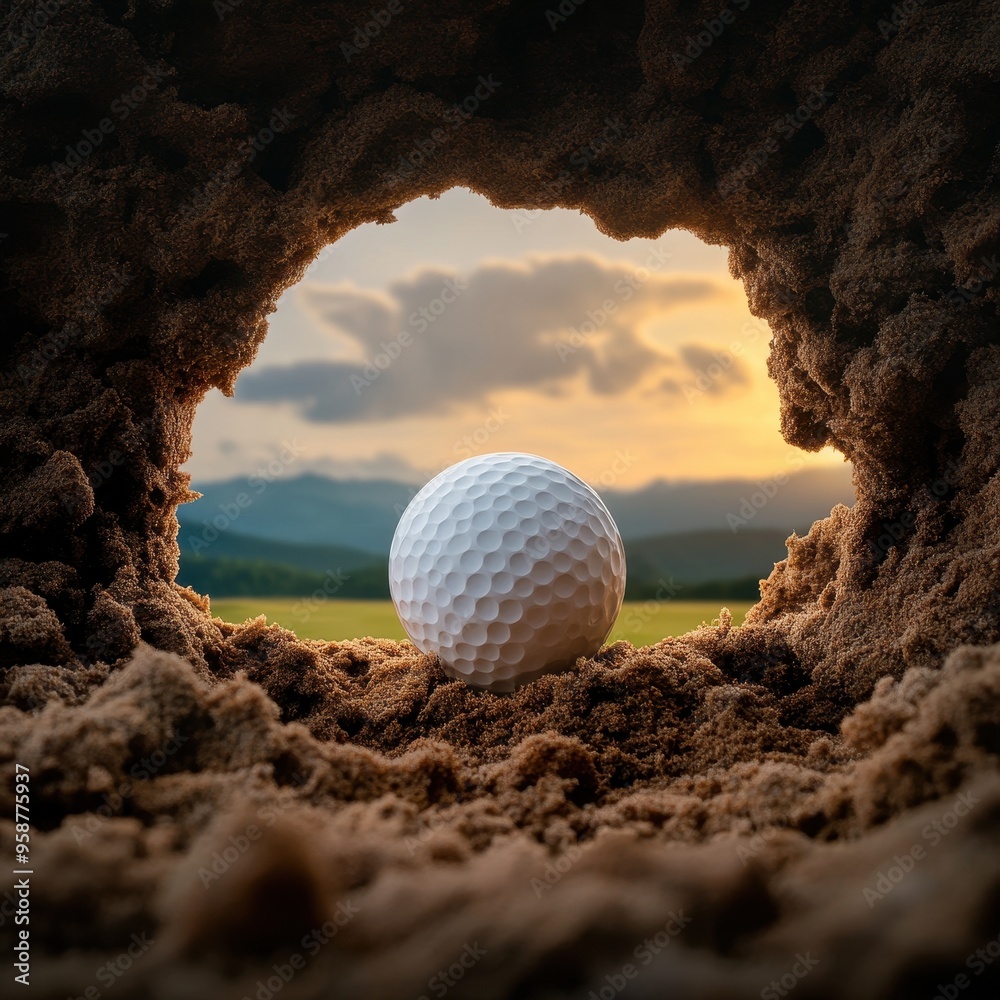 A golf ball resting in a sand trap with a beautiful sunset and mountains in the background, capturing the essence of the game. A golf ball resting in a sand trap with a beautiful sunset and mountains in the background, capturing the essence of the game.