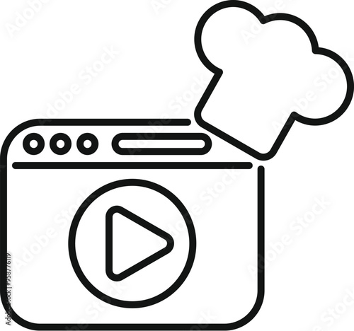 Simple vector showing an online cooking course video player interface with a chef hat icon, representing online cooking tutorials