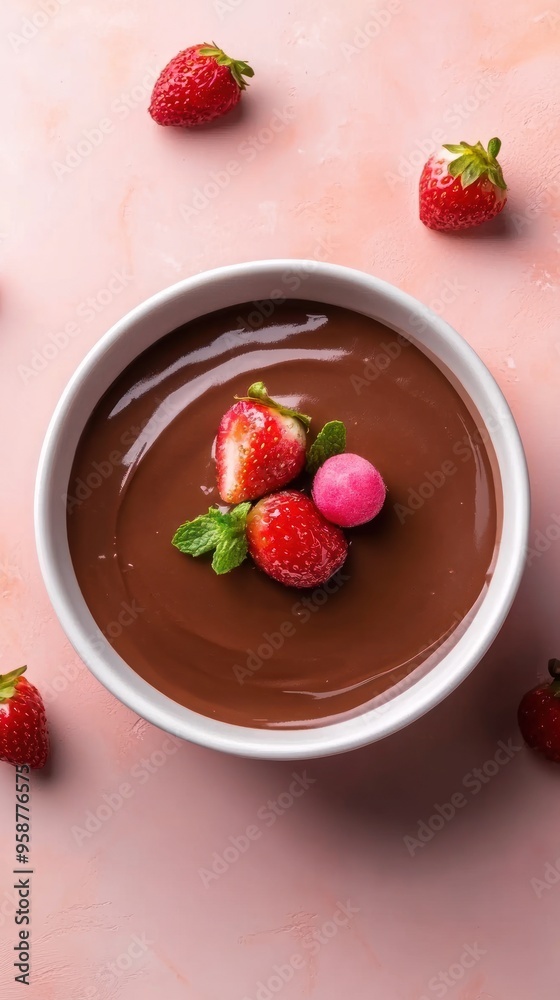 A white bowl of rich chocolate pudding topped with fresh strawberries and a pink candy on a pink background.