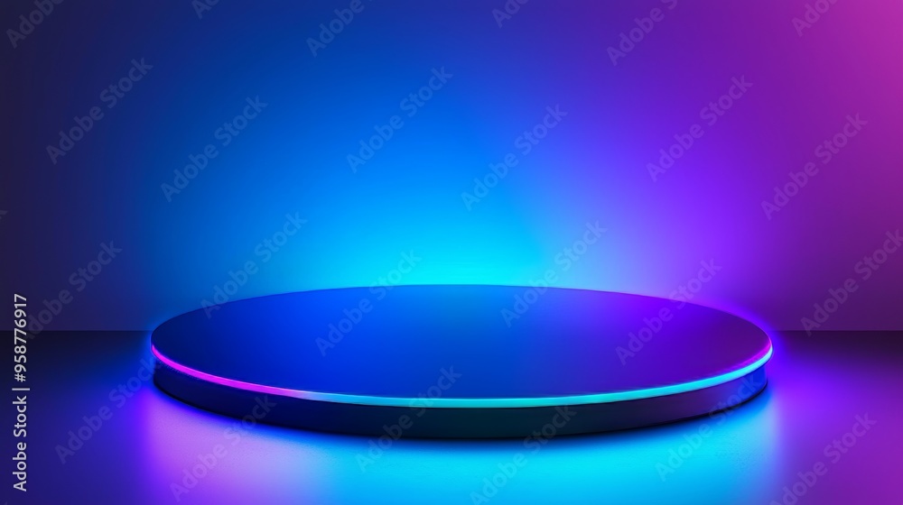 Futuristic illustration with neon lights and a glowing podium stand in 3D Futuristic illustration with neon lights and a glowing podium stand in 3D