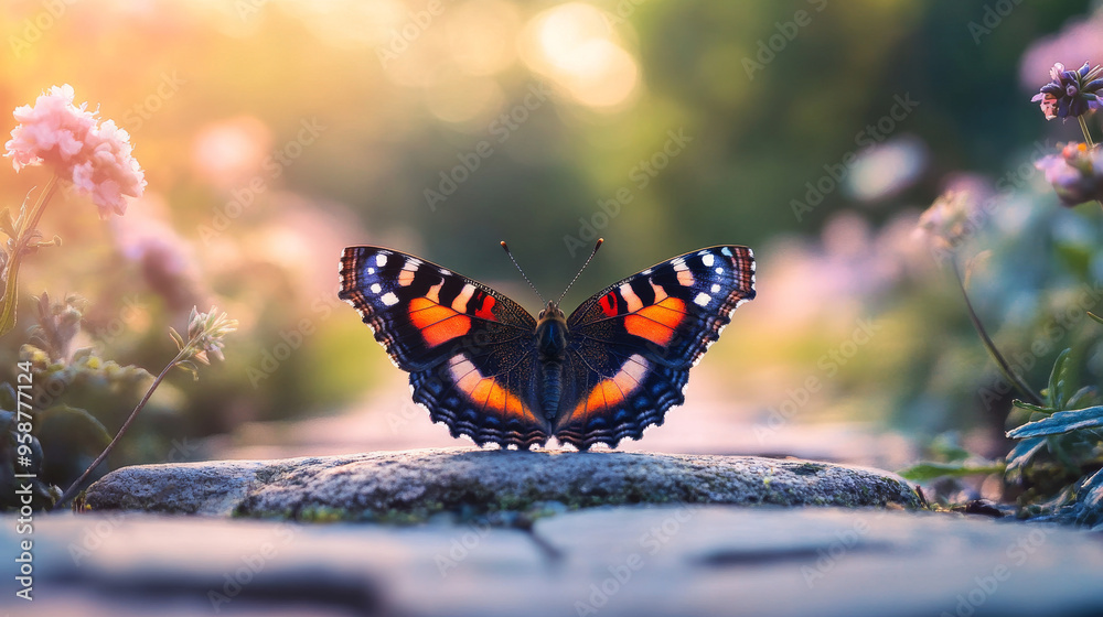 Obraz premium Stunning Close-Up of a Butterfly Resting on a Path Surrounded by Blooming Flowers