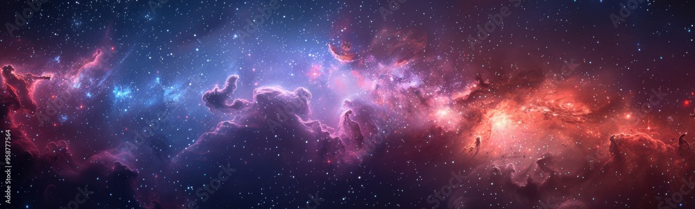 Fototapeta premium Starry sky with a cluster of stars and a bright red nebula, banner, copy space