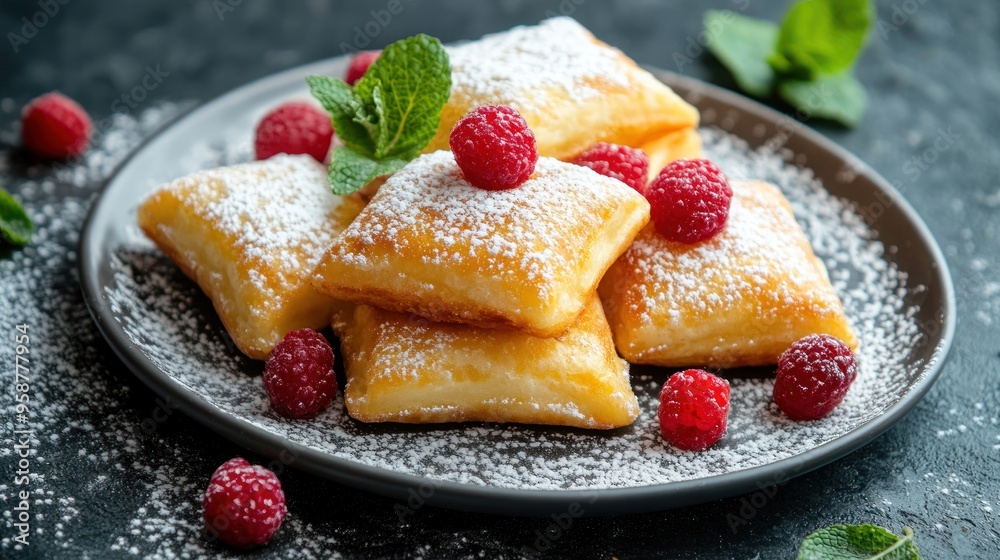 A plate of freshly made, golden brown, pillow-shaped pastries dusted with powdered sugar and topped with fresh raspberries and mint. A plate of freshly made, golden brown, pillow-shaped pastries dusted with powdered sugar and topped with fresh raspberries and mint.