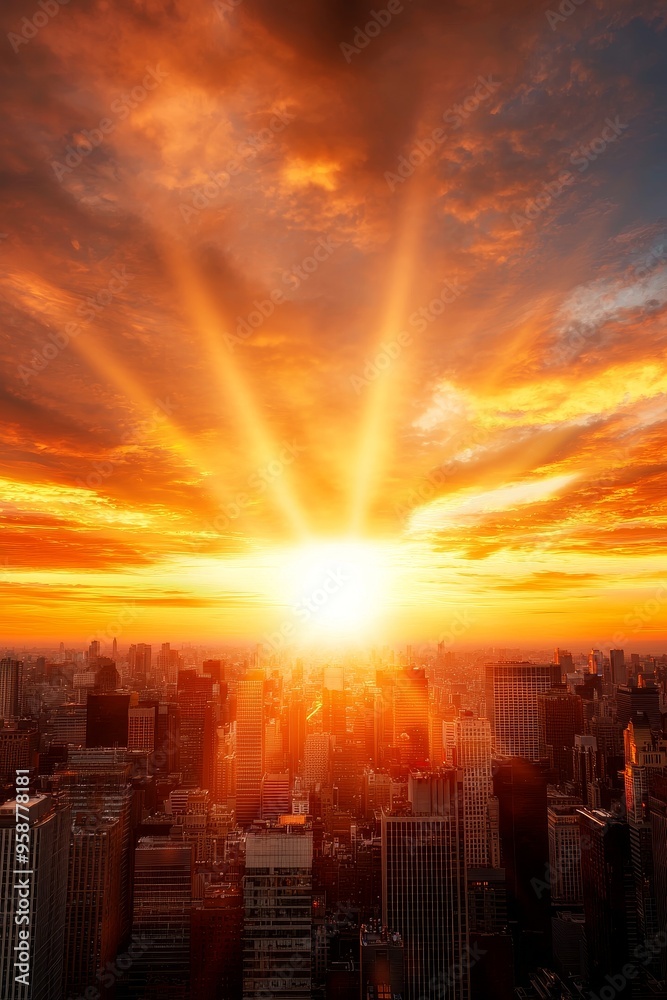 Fototapeta premium Bright sunrise over a cityscape, representing the dawn of a new era