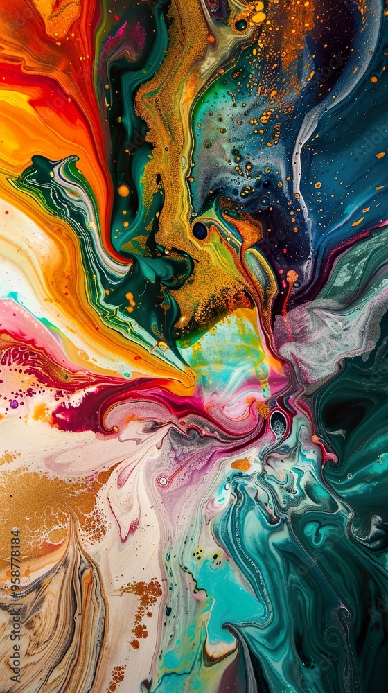 Abstract painting with vibrant colors, swirls, and gold glitter. Abstract painting with vibrant colors, swirls, and gold glitter.