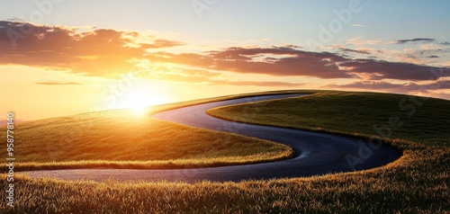 Bright sunrise illuminating a winding road, symbolizing the start of a new path