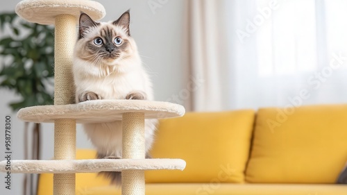 Cat exploring a tall, multi-level cat tree in a modern living room, Pet equipment, Vertical space for cats photo