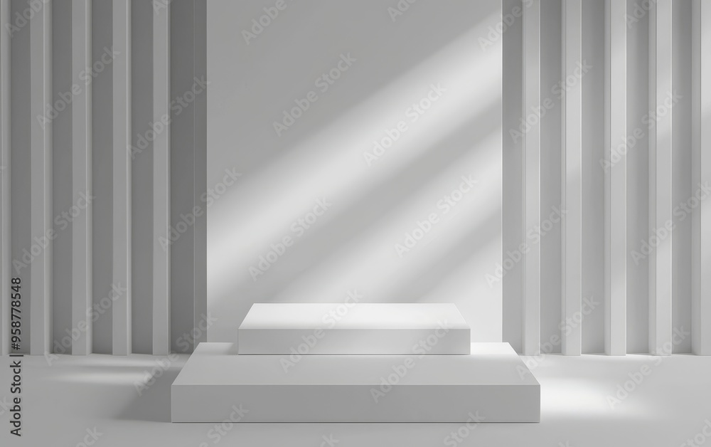 Clean white podium in minimalistic environment, illuminated for a speech or presentation, 3D illustration Clean white podium in minimalistic environment, illuminated for a speech or presentation, 3D illustration