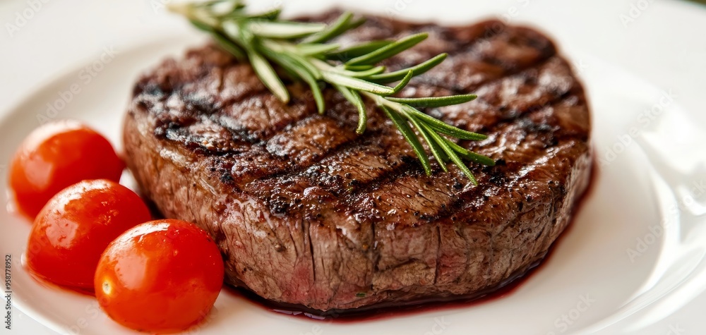 Close-up of a tender steak with grill marks, served with rosemary and tomatoes, emphasizing simple yet refined cuisine Close-up of a tender steak with grill marks, served with rosemary and tomatoes, emphasizing simple yet refined cuisine
