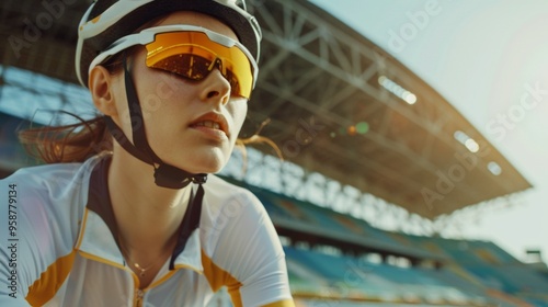 A woman wearing a helmet and sunglasses is sitting on a bench photo