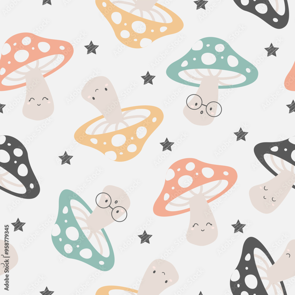 Fototapeta premium Cute seamless pattern with mushrooms and stars. Doodle cartoon characters. Design for fabric, textile, wallpaper, wrapping paper, kids apparel, baby product. Vector illustration