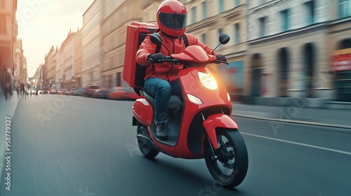 A delivery rider in a bright red uniform zooms through the city streets on a sleek red scooter, showcasing urban delivery services.