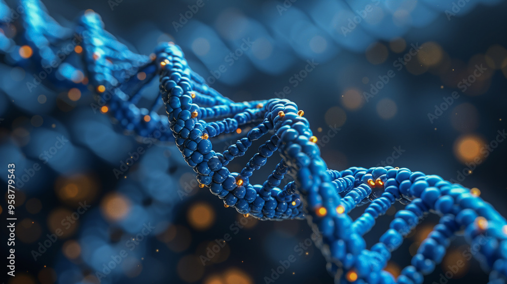 Close-Up of a Blue DNA Strand with Glowing Elements Close-Up of a Blue DNA Strand with Glowing Elements