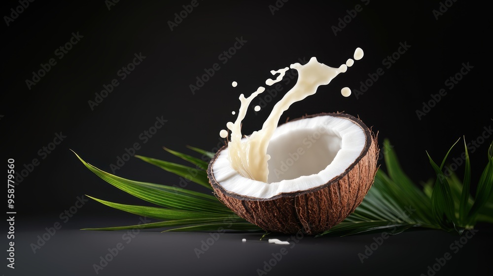 Coconut fruit closeup view with water juice splash Coconut fruit closeup view with water juice splash