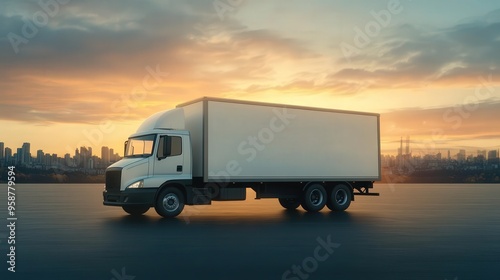 A white delivery truck parked on a city street during sunset, showcasing modern logistics and transport services.