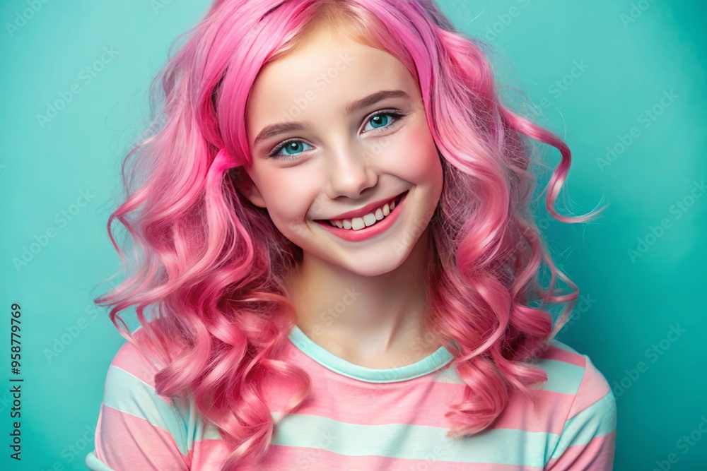 Vibrant pink-haired teenager with rosy cheeks and playful smile poses against a soft pastel background, emitting a Vibrant pink-haired teenager with rosy cheeks and playful smile poses against a soft pastel background, emitting a