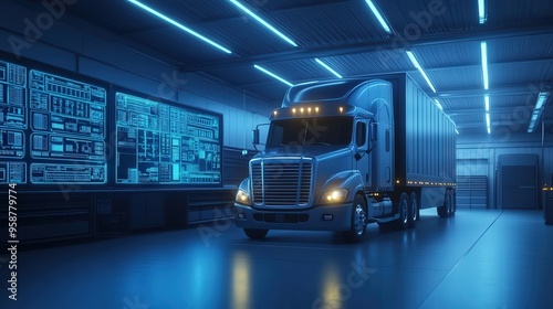 Futuristic truck in a high-tech garage with neon lighting and advanced electronic displays highlighting modern transportation.