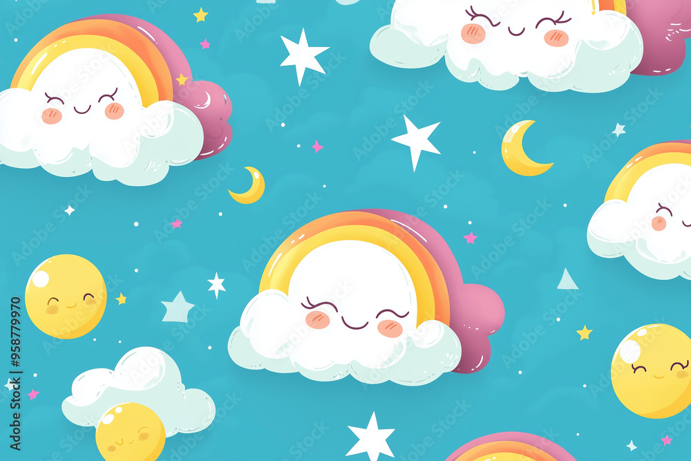 The seamless photo of cute cartoon in the heart shape and clouds sky with the moon for wallpaper background The seamless photo of cute cartoon in the heart shape and clouds sky with the moon for wallpaper background