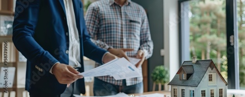 Real estate agents reviewing property documents with a model house on the table in a modern office.