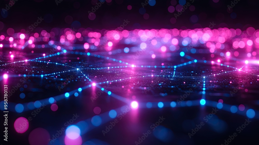 Fototapeta premium abstract geometric neon backgroun streaming service concept digital data transfer internet technology of future network dynamic zigzag lines glowing in the dark modern wallpaper