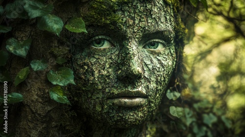 A mystical figure blending with nature, featuring a face covered in bark and foliage, embodying the essence of the forest.