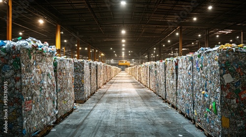 Recycling facility with rows of sorted plastic waste bales, under bright lights, showing an orderly, efficient operation.