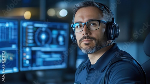 Focused male professional with glasses using headphones in a modern tech workspace with multiple monitors and data visualization.