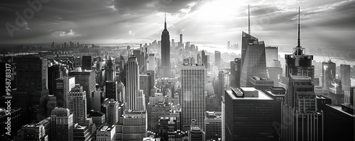 Stunning black and white panoramic view of a bustling city skyline, showcasing modern architecture and iconic skyscrapers at dawn.