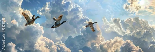 Three ducks are gracefully flying through a cloudy sky above photo