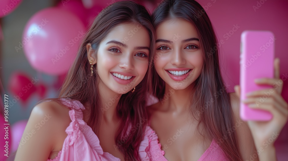Joyful celebration with two young women posing in pink outfits surrounded by balloons in a festive setting