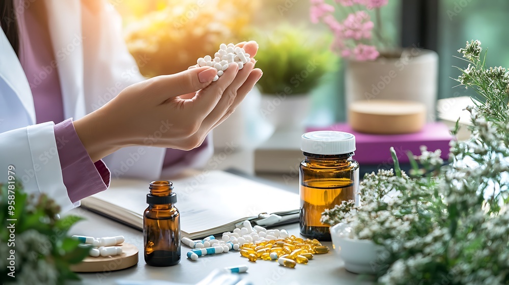 A wellness consultation scene where a practitioner discusses alternative therapy using homeopathic pills, natural supplements, and essential oils, with a focus on holistic treatment for the A wellness consultation scene where a practitioner discusses alternative therapy using homeopathic pills, natural supplements, and essential oils, with a focus on holistic treatment for the