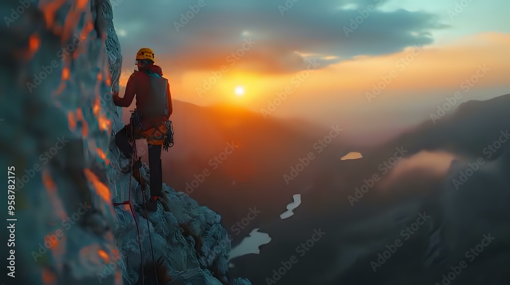 Obraz premium climber ascends a steep mountain face at sunset, overlooking a vast and misty landscape with rivers and valleys below. The scene conveys determination, challenge, and connection with nature.
