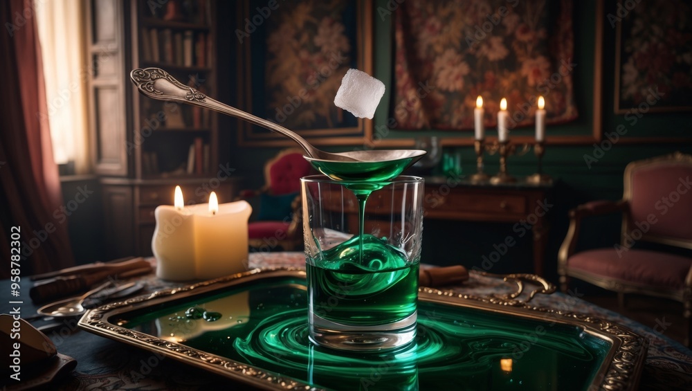 Absinthe Glass with Sugar Cube in a Bohemian Parisian Artist's Studio Absinthe Glass with Sugar Cube in a Bohemian Parisian Artist's Studio