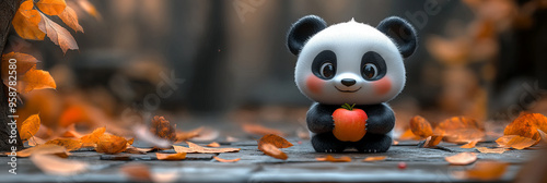 Charming Panda Holding Red Apple in Autumnal Forest, Warm Colors and Falling Leaves Creating a Cozy and Heartwarming Mood