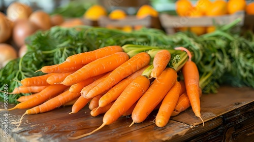 A vibrant market display of fresh carrots, bathed in warm light, highlighting their natural color and texture. Ideal for themes of fresh produce, healthy eating, and farm-to-table.