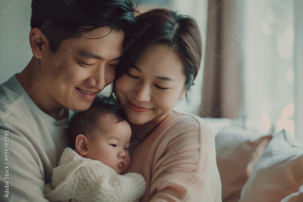 Cozy Family Portrait with Baby in Soft Lighting Cozy Family Portrait with Baby in Soft Lighting