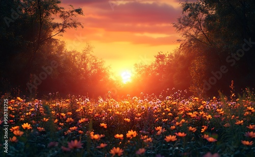 Golden Sunset Over a Field of Flowers