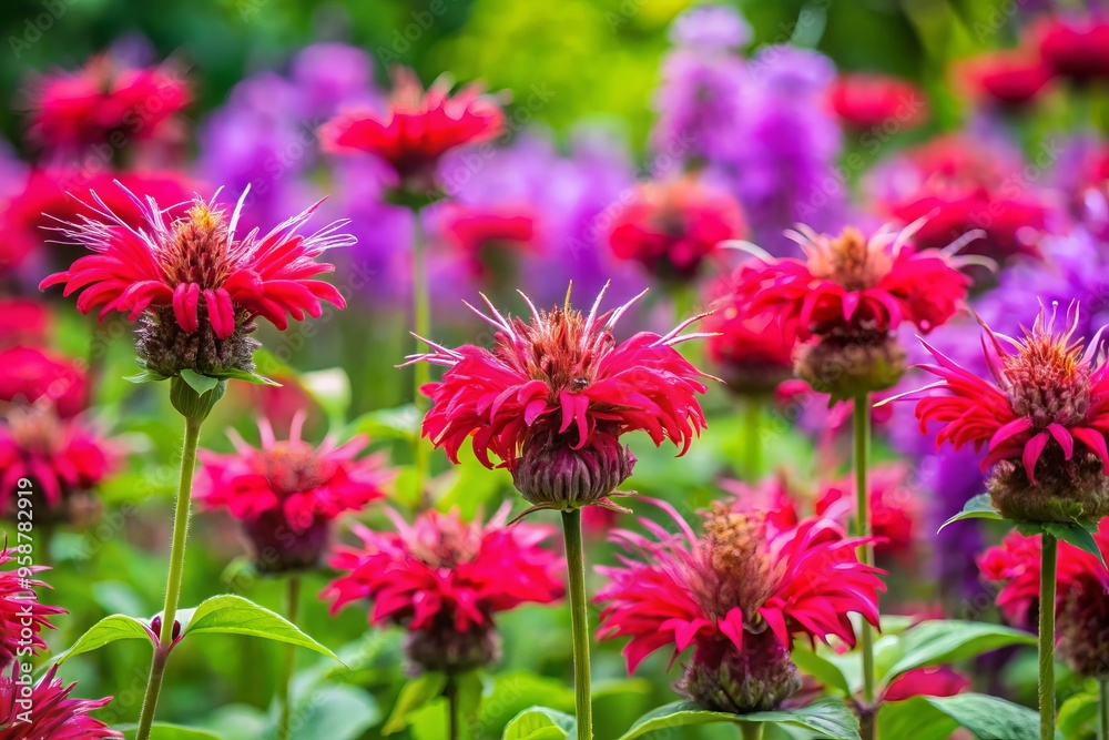 Vibrant red, pink, and purple bee balm flowers bloom in a lush garden, attracting busy bees and butterflies Vibrant red, pink, and purple bee balm flowers bloom in a lush garden, attracting busy bees and butterflies
