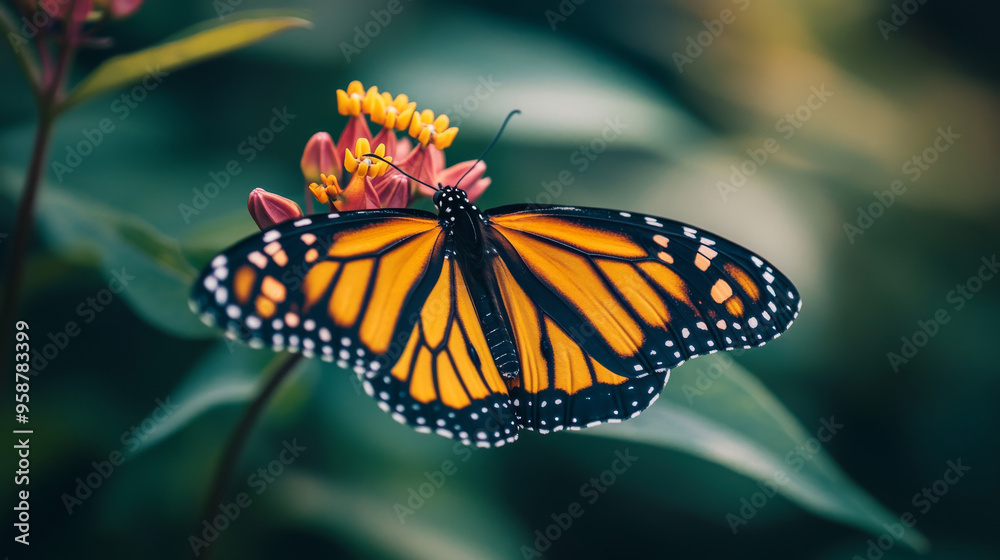 Obraz premium Captivating Monarch Butterfly Resting on Vibrant Flower in Natural Habitat