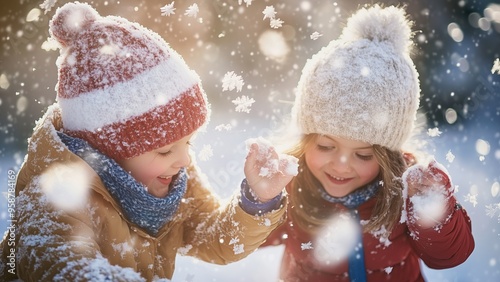 Children playing in the snow together With the background illuminated by falling snow.