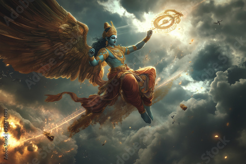 Lord Krishna riding his majestic Garuda, glowing with divine power, readying his Sudarshana Chakra to defeat the demon Narakasura, a celestial battlefield with dark stormy skies, e photo