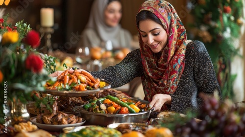 A woman in a colorful headscarf serving roasted vegetables to her family at a Thanksgiving dinner table filled with a variety of dishes and seasonal decorations