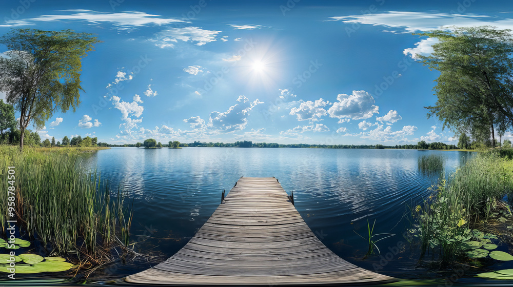 A beautiful, wide view of a boat dock on a sunny lake day. It's a complete 360-degree panorama, perfect for virtual reality or augmented reality experiences. A beautiful, wide view of a boat dock on a sunny lake day. It's a complete 360-degree panorama, perfect for virtual reality or augmented reality experiences.