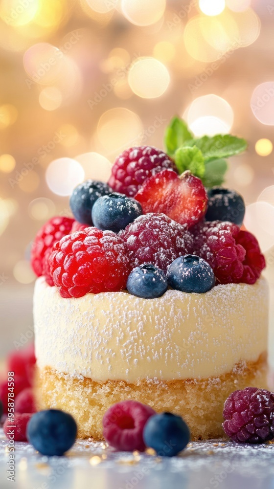 A small, white cake with fresh fruit and powdered sugar, on a blurred background with a light, warm glow. A small, white cake with fresh fruit and powdered sugar, on a blurred background with a light, warm glow.