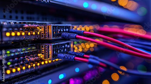 Telecommunication Ethernet Cables Connected to Internet. server room with vibrant neon data streams, symbolizing high-tech connectivity and speed.