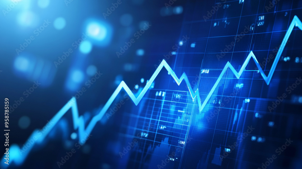 A blue background shows a graph with an upward arrow, suggesting business growth fueled by technology. It represents the stock market, trading, investment, and the potential for profit. A blue background shows a graph with an upward arrow, suggesting business growth fueled by technology. It represents the stock market, trading, investment, and the potential for profit.