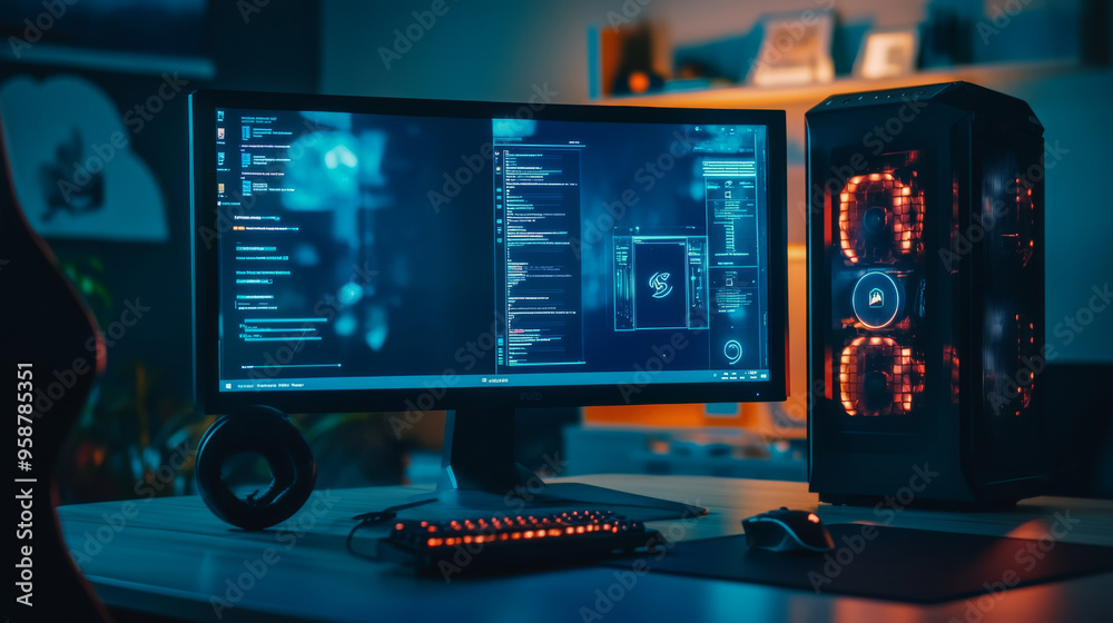 A sleek, powerful desktop computer sits in a dark room. Its gaming case is empty, except for a keyboard and mouse on the desk. The computer screen shows abstract program interfaces. A sleek, powerful desktop computer sits in a dark room. Its gaming case is empty, except for a keyboard and mouse on the desk. The computer screen shows abstract program interfaces.