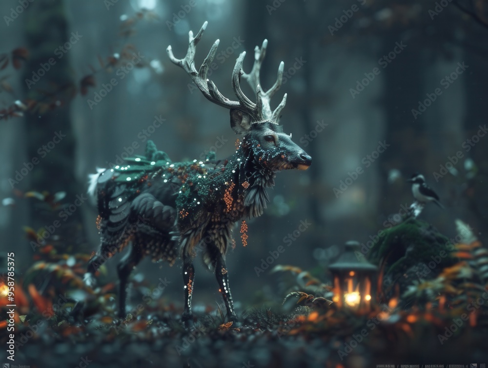 Fototapeta premium A mystical deer adorned with natural elements stands in a serene forest, illuminated by lanterns and surrounded by enchanting foliage.
